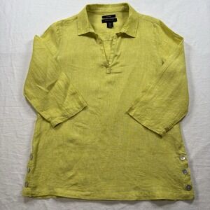 Tahari Women's 100% Linen Shirt Size Medium Chartreuse 3/4 Sleeve Knit Top